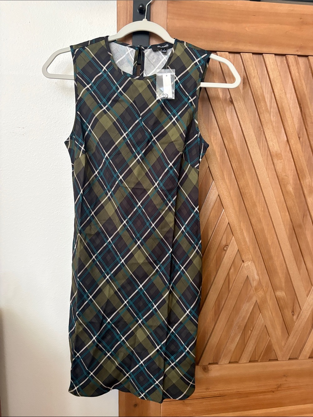 Madewell Sleeveless Plaid A-Line Dress in Olive, Black and Teal